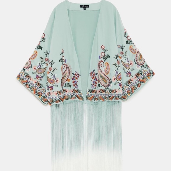 Zara Light Green Embroidered Fringe Kimono - Picture 4 of 14